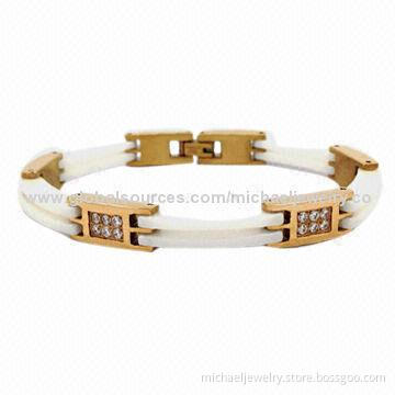 Stainless Steel Bracelets with 24pcs of CZ Stones, White Ceramic & Interval of IP Rose Gold Plating